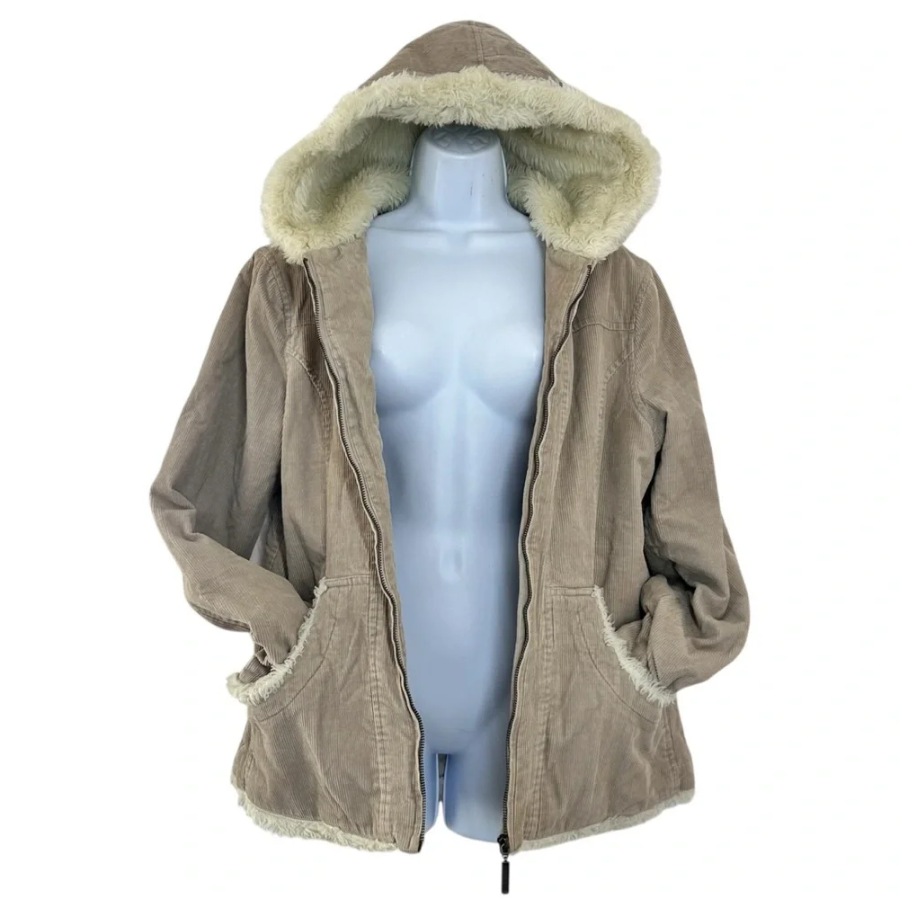 Deb Vintage 90s Y2K Tan Corduroy Jacket with Cream Faux Fur Trim L/XL